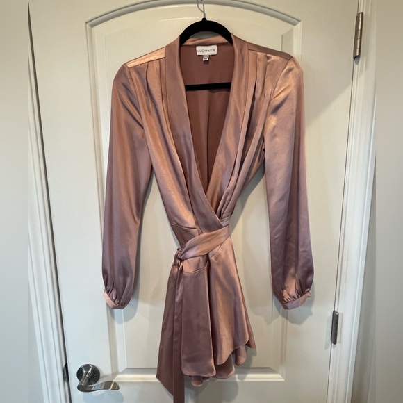 Lucy Paris - Adonia Satin Long Sleeve Mini Wrap Dress - Dusty Rose - XS - NWOT - Picture 5 of 16